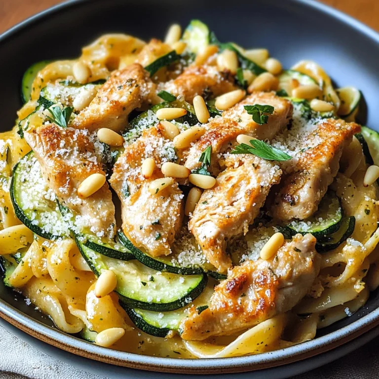 Zucchini Parmesan Pasta mit Hähnchen und Pinienkernen