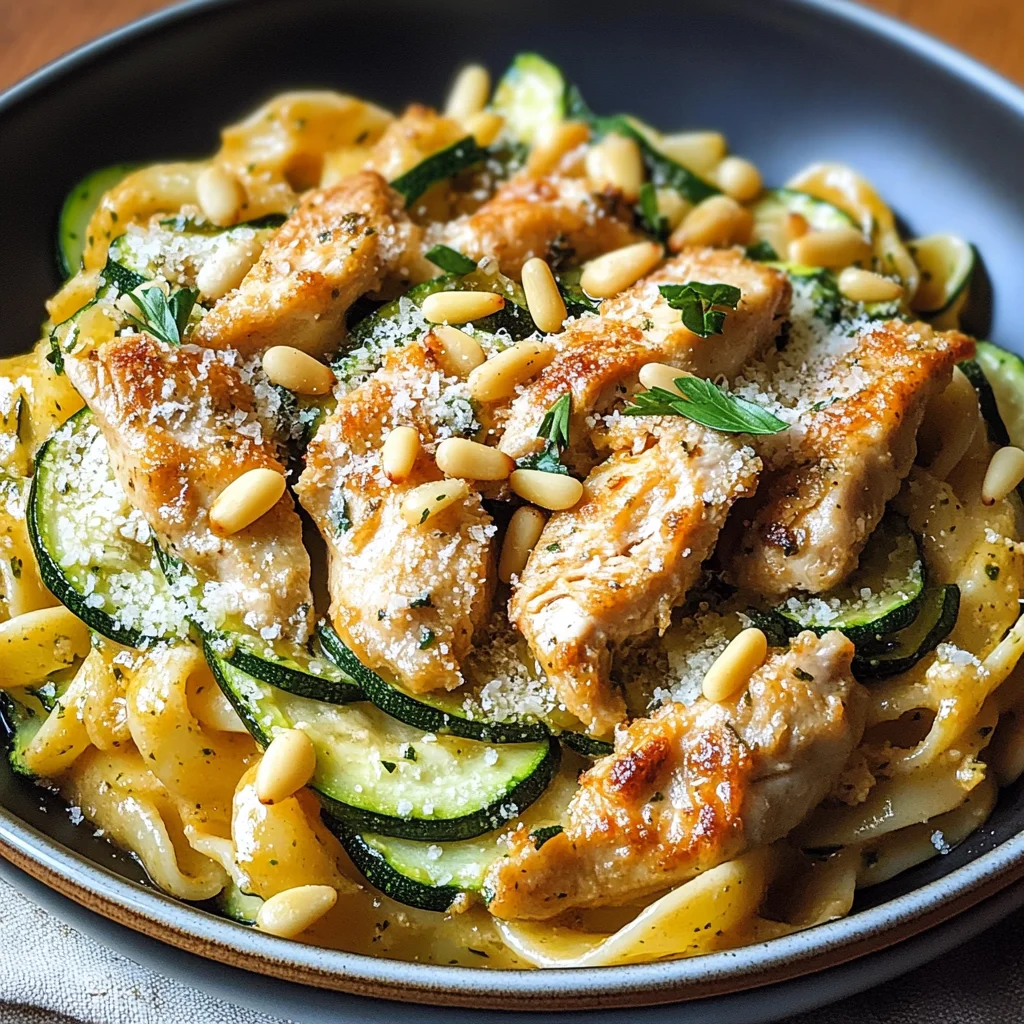 Zucchini Parmesan Pasta mit Hähnchen und Pinienkernen