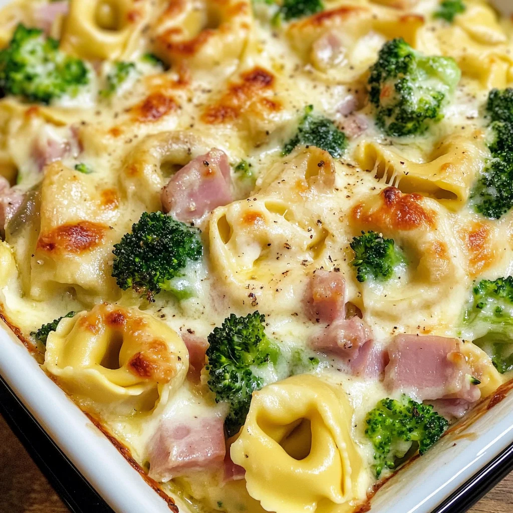 Tortellini Auflauf mit Käse-Sahne-Soße, Schinken & Brokkoli